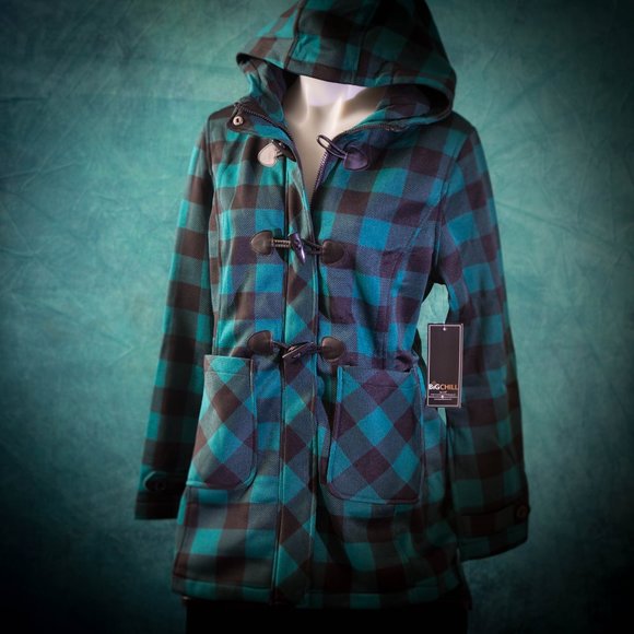 NWT Chill | Black & Peacock Buffalo Check Fleece Toggle Accent Jacket - LARGE - Picture 7 of 10